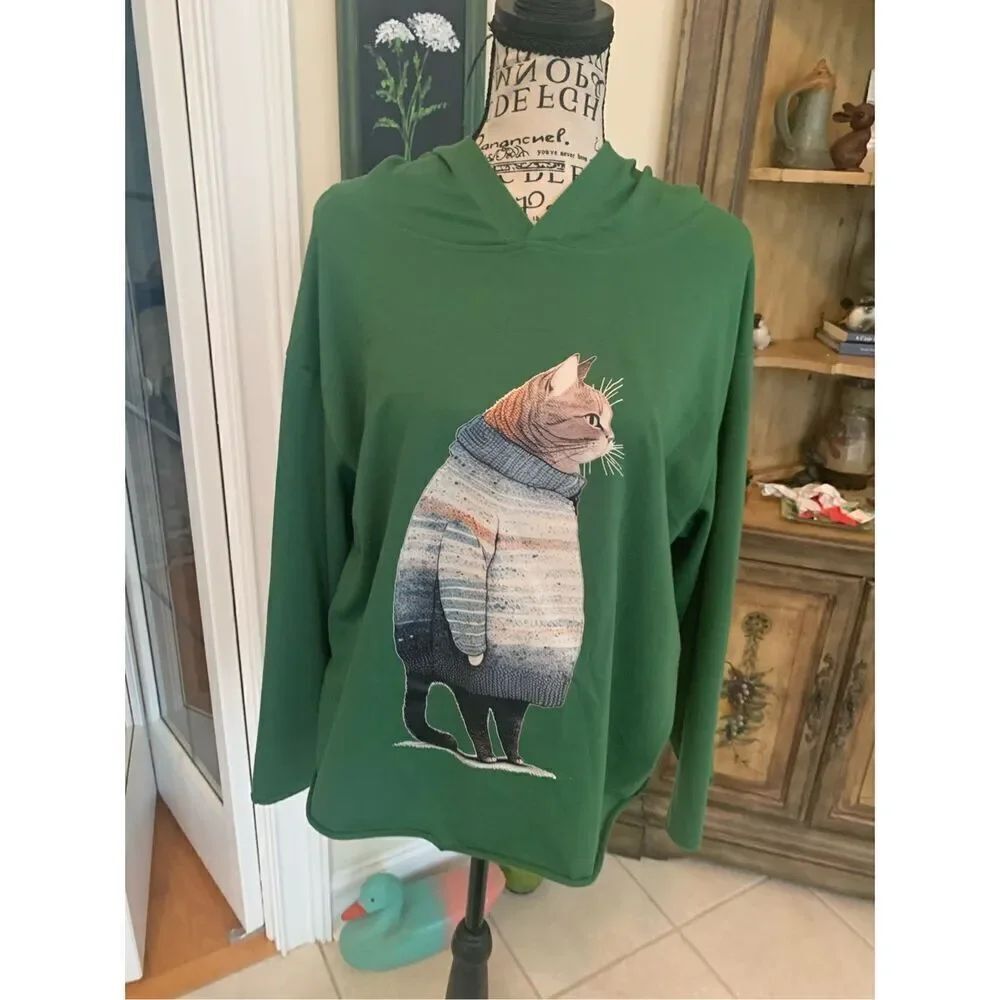 Cute Cat Print Long Sleeve Hooded Sweatshirt Pullover Top